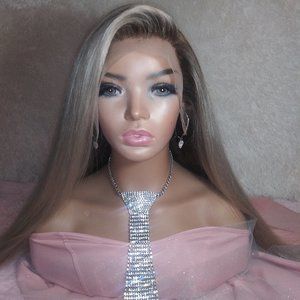 Lace Front Wig 3d Ash Blonde Brown Roots Ombre 22 inches